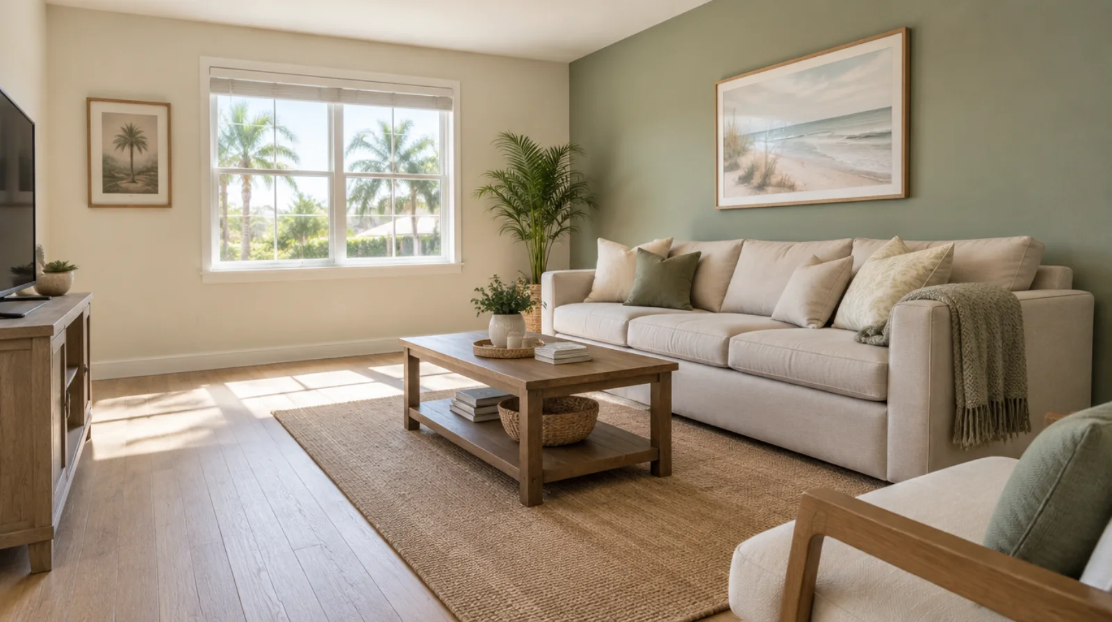 Warm ivory living room with sage accents and oak-look flooring
